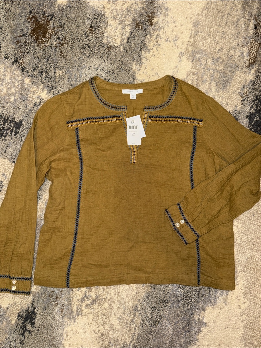 J Jill Women's Olive Brown Tunic Top with Embroidered Contrast Stitching